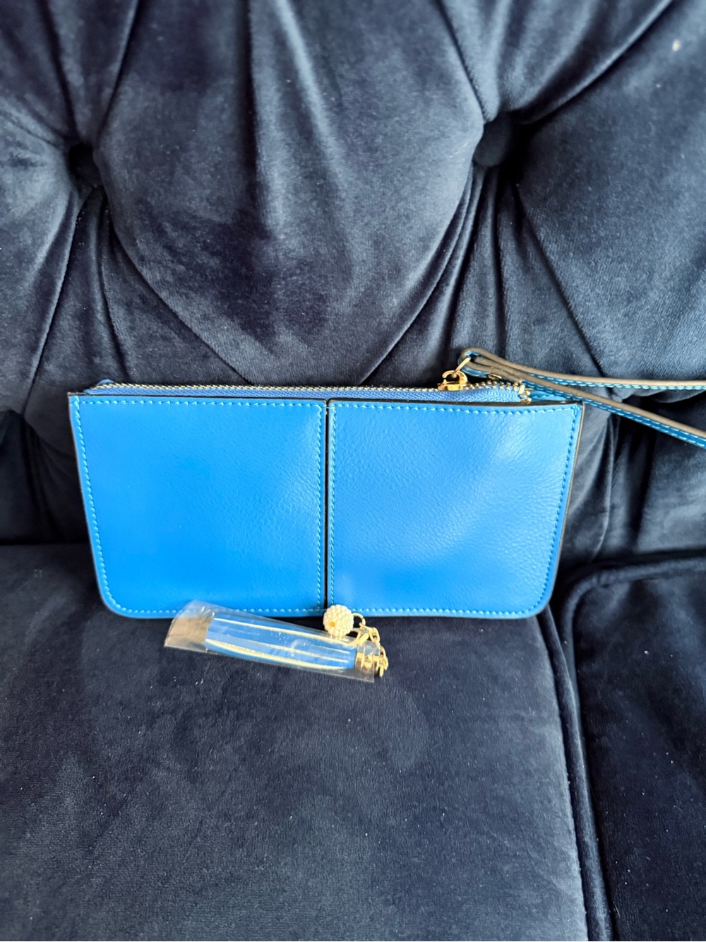 Women's Blue Leather Wristlet Clutch with Gold Hardware